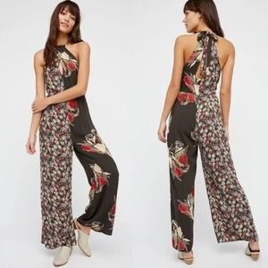 Free People The Life Exotic Jumpsuit Floral Halter Neck Rayon Womens Size 0